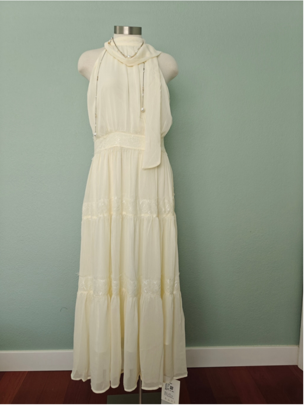 Women's Maxi Dress Size S Cream Halter Neck Tiered Chiffon